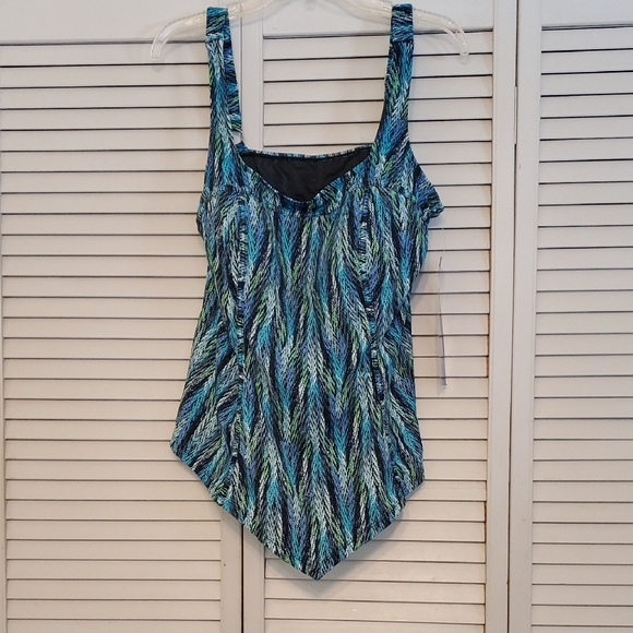 Fit 4 U Blue and Green Patterned Tankini Top, Size 18W - Picture 2 of 12